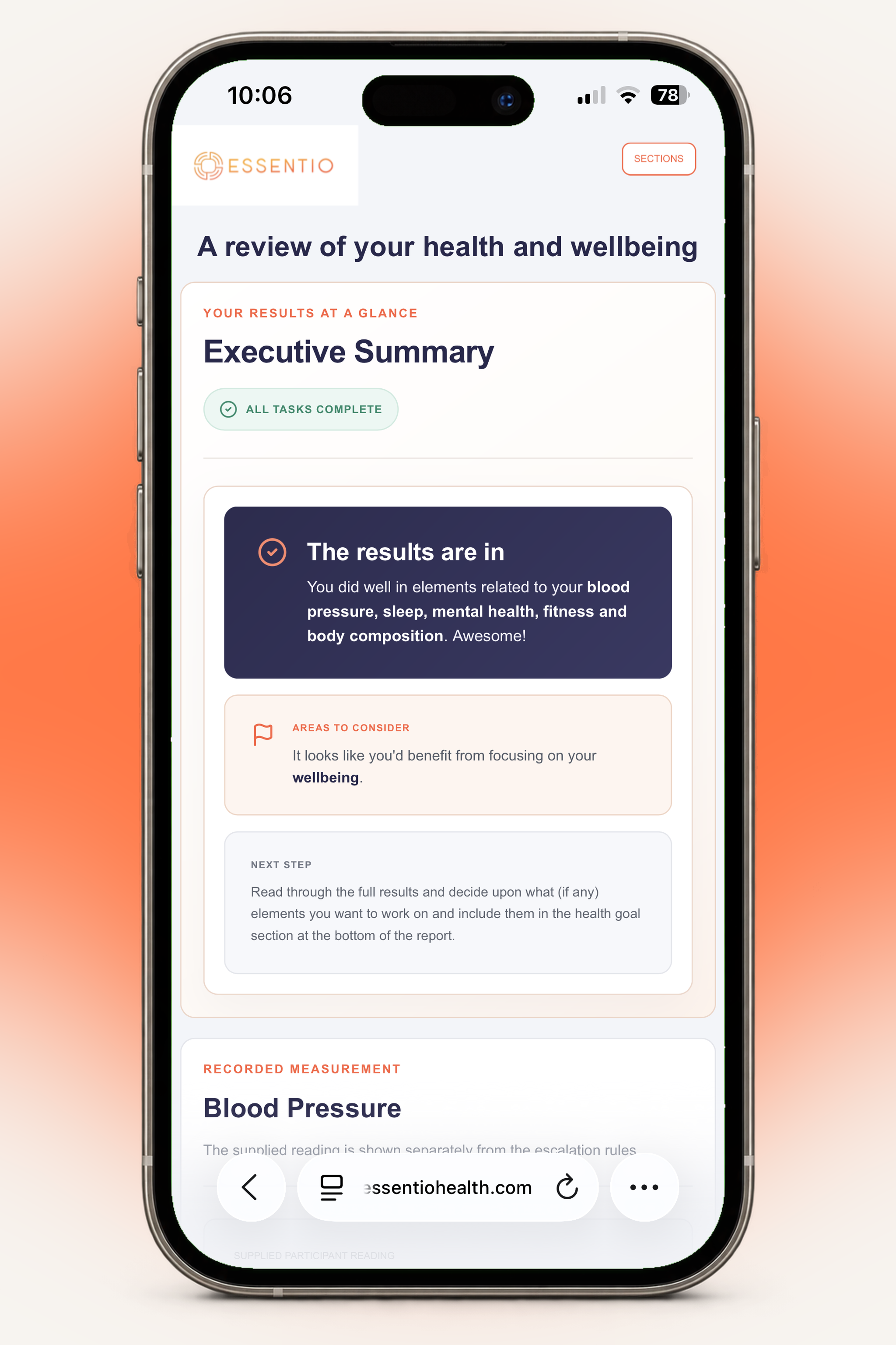 Essentio Digital personal report shown on an iPhone