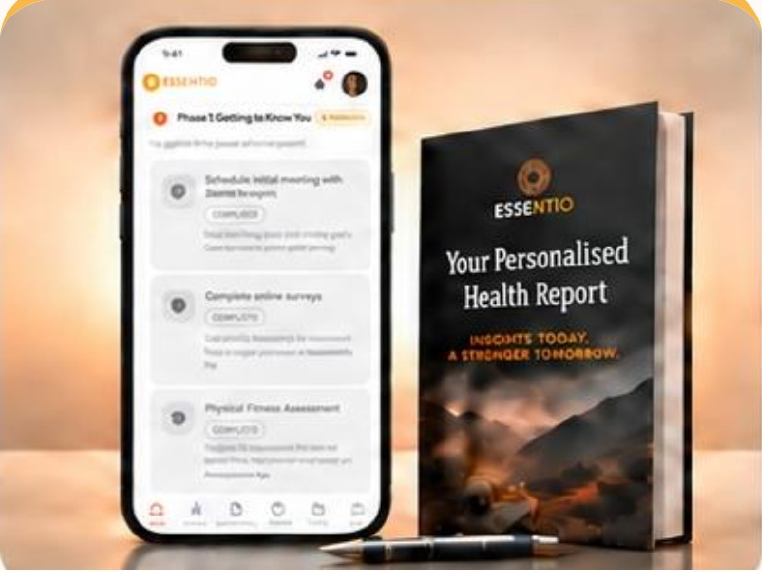 Essentio Core: phone, personalised health report and pen, from the Three Pathways one-pager
