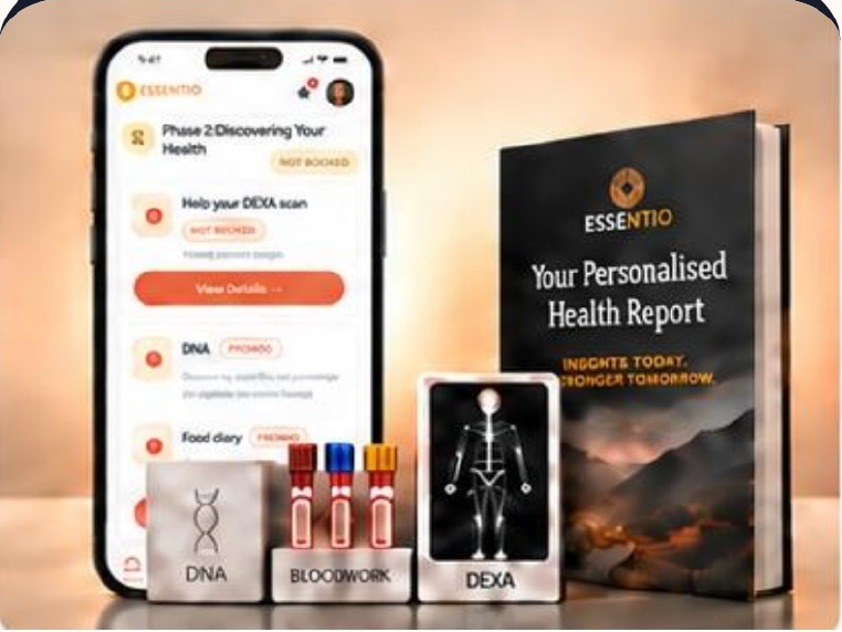 Essentio Elite: phone, personalised report, DNA, bloodwork and DEXA assessments, from the Three Pathways one-pager